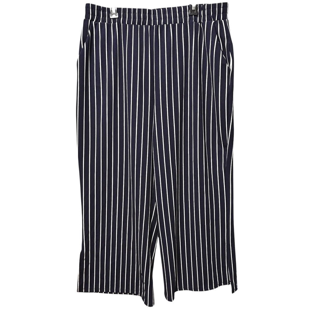 89th & Madison 1X Navy Blue Striped Wide Leg Pants-Side Slits-Pull On-Pockets